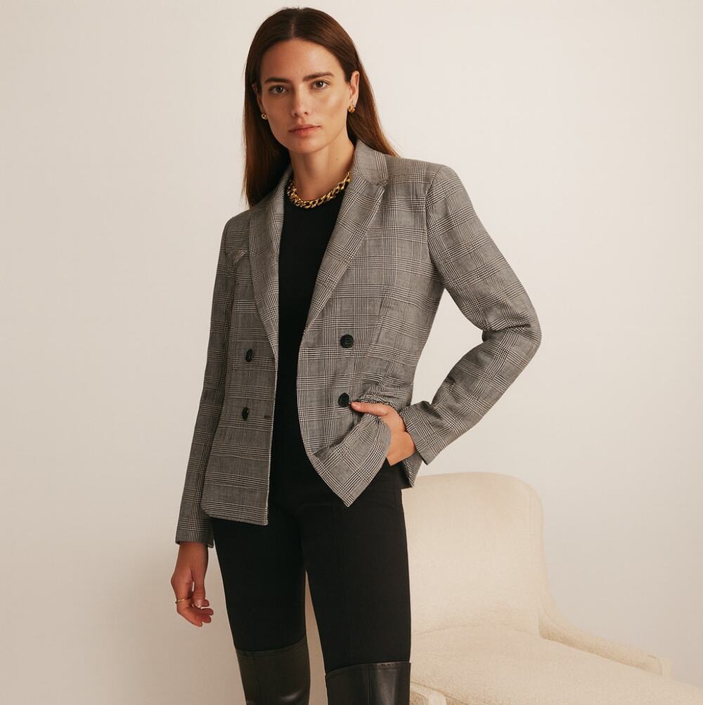 EMME MARELLA Micro Houndstooth Double Breasted Blazer Black White Sz 2 $268 {V4}